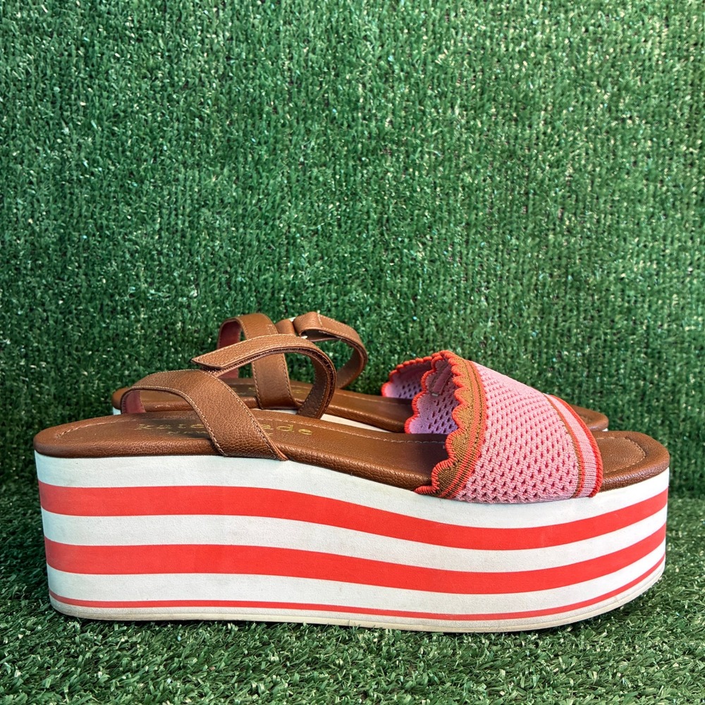 Kate Spade Highrise Scalloped Stripe Platform Wedge Sandals Pink Red Womens 11B